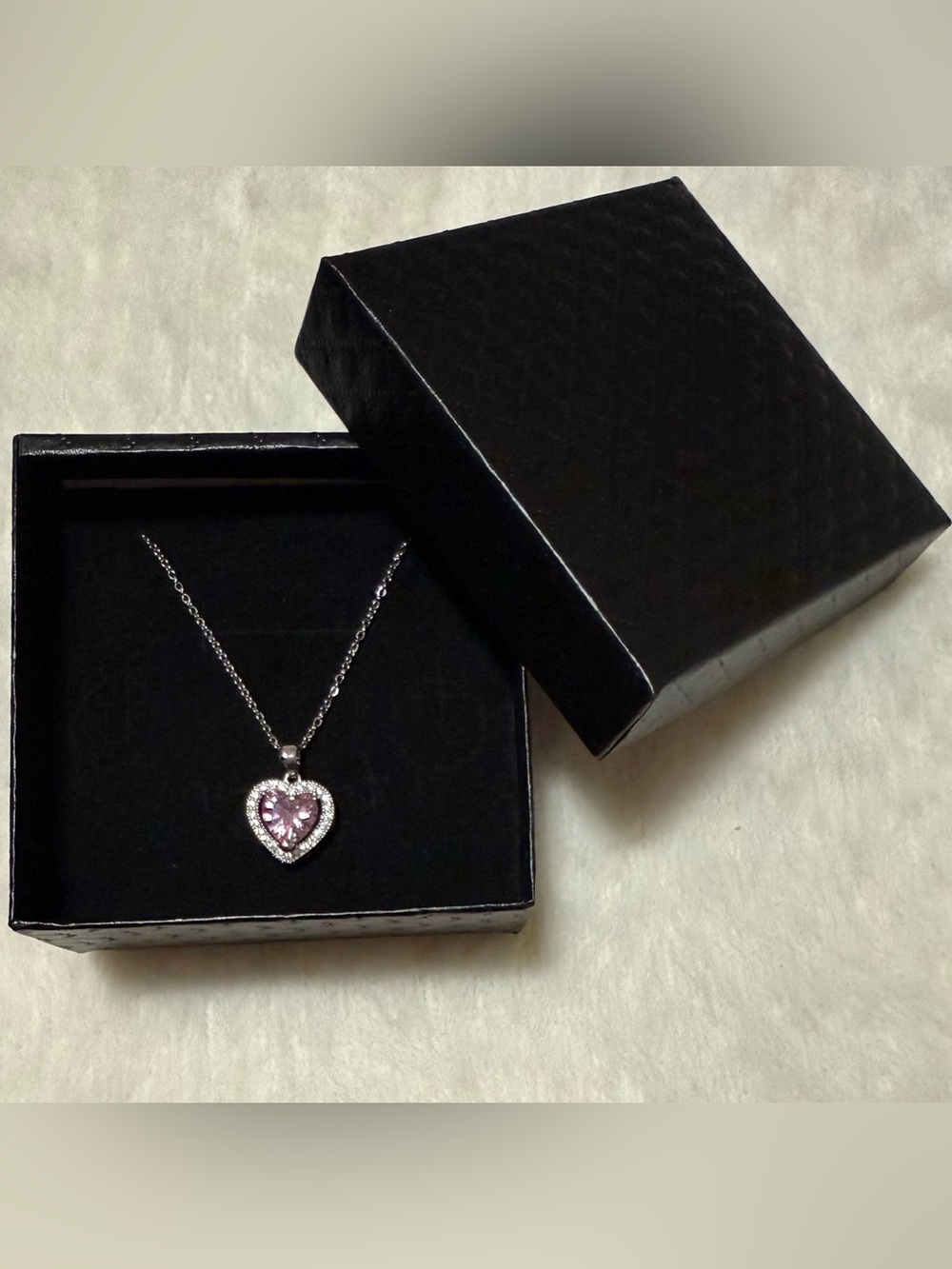 Pink Heart Pendant Necklace in Silver-Tone with Sparkling Halo
